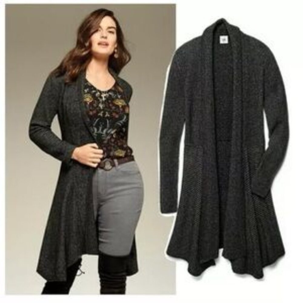 CAbi Cloak Knit Duster Cardigan Sweater Black Marled Open Front Long Size Medium